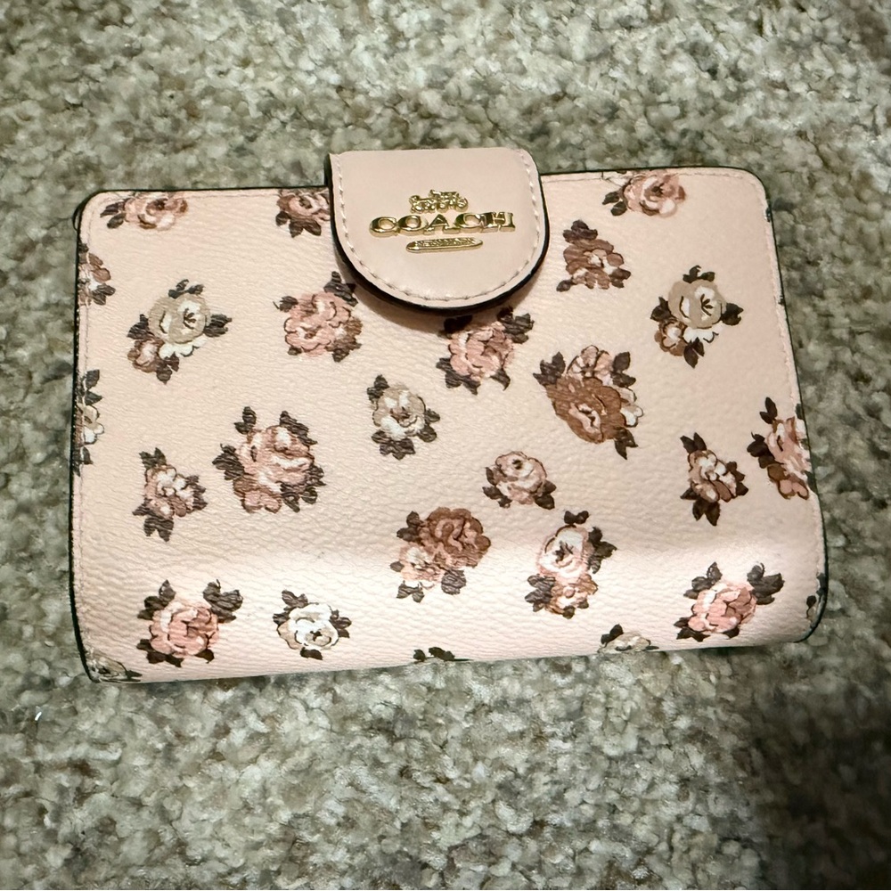 Coach Blush Pink Floral Leather Snap Wallet with Gold Logo